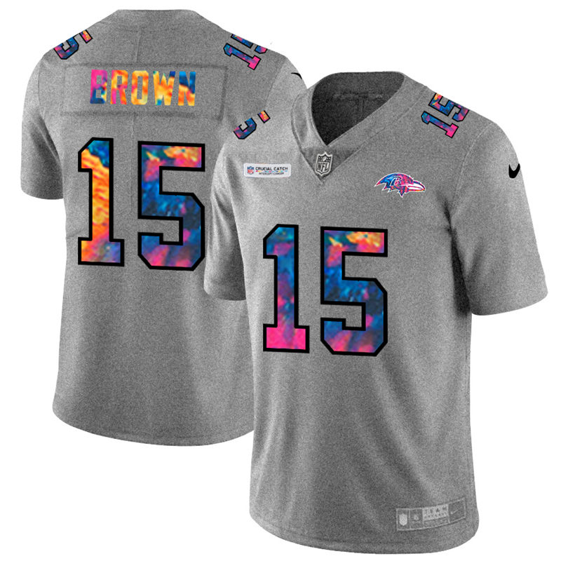 NFL Baltimore Ravens #15 Marquise Brown Men Nike MultiColor 2020  Crucial Catch  Jersey Grey